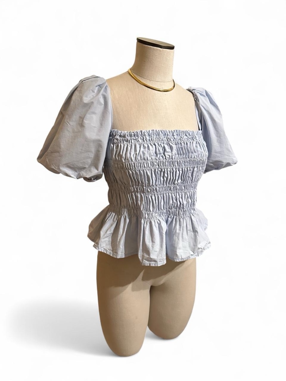 ASTR Smocked Puff-Sleeve Peplum Ruffle Top - Light Blue